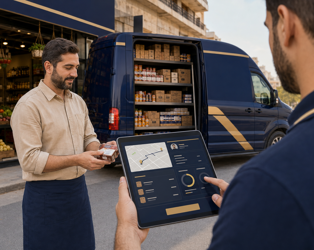 تطبيق Cash Van من منظور المندوب مع العميل والمركبة والبضائع والتابلت