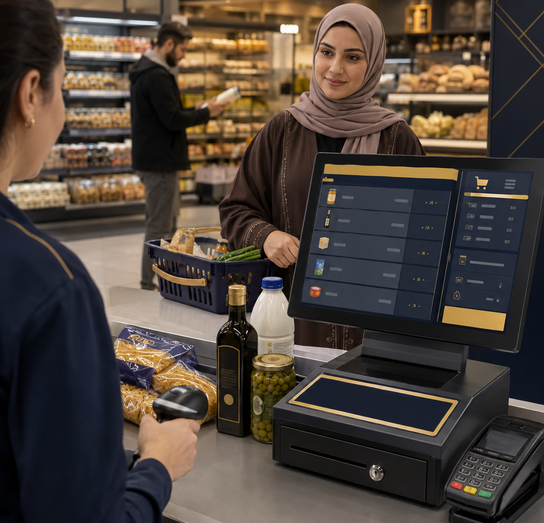 نظام نقاط بيع NextFuture في سوبرماركت مع شاشة POS وأجهزة الدفع